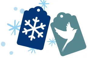 A snowflake and a dove on blue gift tags