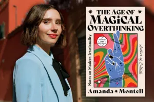 The author pictured wearing a light blue jacket next to an image of the book The Age of Magical Overthinking