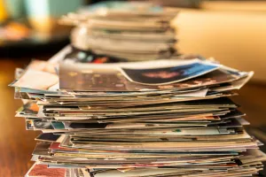 A stack of old photographs.