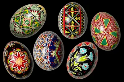 Eggs decorated with colorful geometric patterns