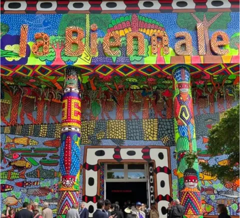 A colorfully decorated building exterior