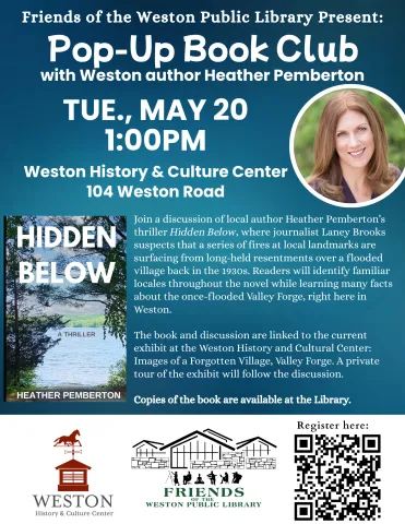 Flyer advertising pop-up book club event at Weston History and Culture Center