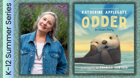 Author with grey hair and a denim jacket next to her book.