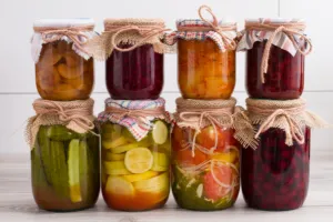 Jars containing preserved food.