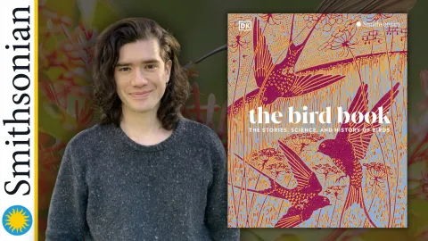 Author with wavy brown hair pictured next to a book with a block printed cover in red and tan featuring three birds in flight.
