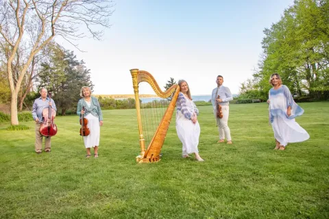 5 musicians standing with their instruments in a field
