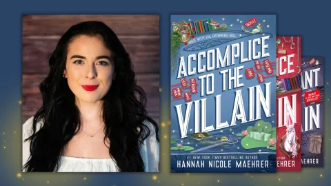 Woman with long dark hair next to pictures of her books.