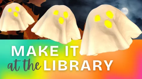 White clay ghosts with glowing eyes on a autumn leaf background