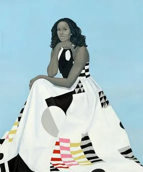 Artist Amy Sherald's portrait of Michelle Obama wearing a black and white dress in front of a light blue background