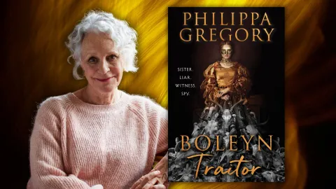 Author Philippa Gregory, with white hair and pink sweater, next to an image of her book.