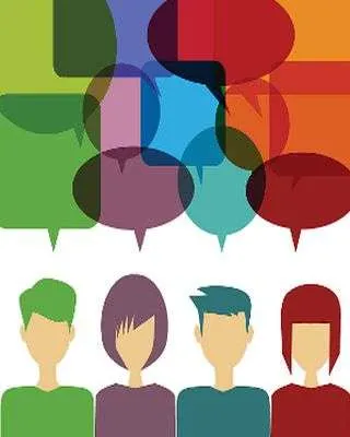 Colorful image of people with speech bubbles above their heads.