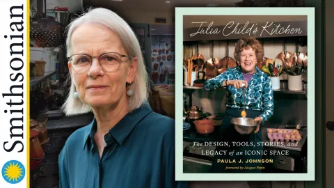 Author photo of woman with grey hair, glasses, and a blue shirt next to a book about Julia Child.