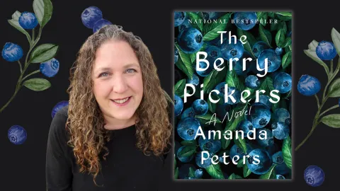Author photo of a woman with long, curly, brown hair next to her book.