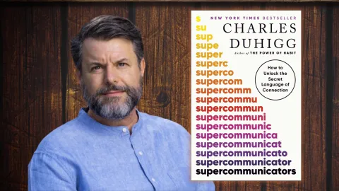Author photo of a man with a beard wearing a light blue button down shirt next to an image of his book.