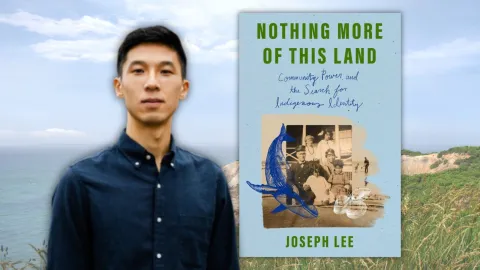 Author photo of a young man with dark hair next to the cover of his book.