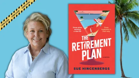 Author photo of a woman with short blond hair wearing a blue button down shirt next to an image of her book.