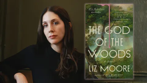 Author photo of a woman with long dark hair and a long sweater next to a picture of her book.