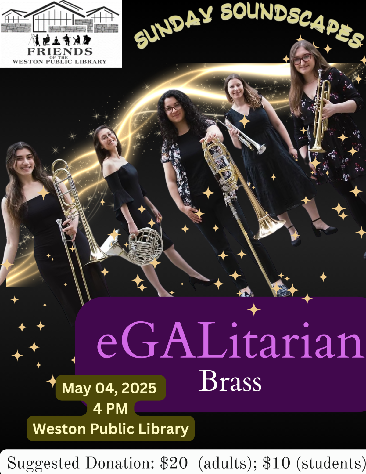 Flyer for Sunday Soundscape May Concert featuring female brass band