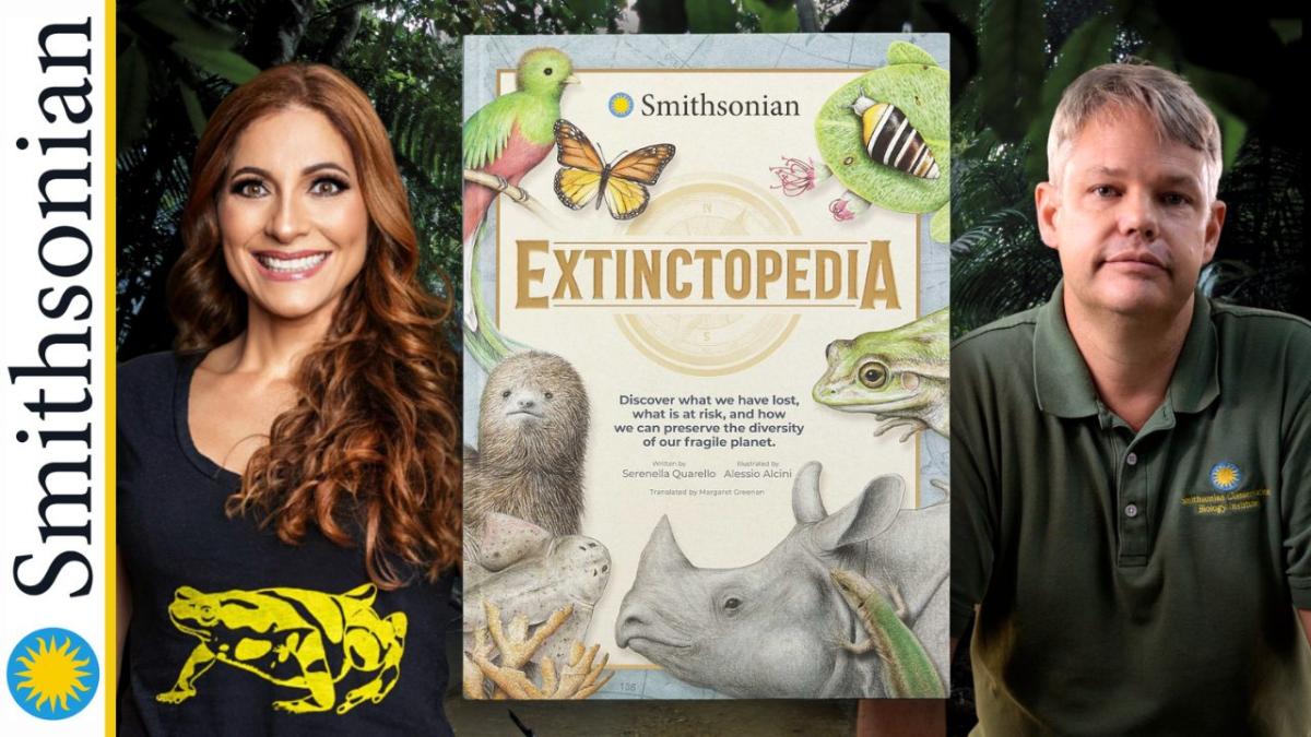 Red haired woman and grey haired man on either side of their book against a jungle background.