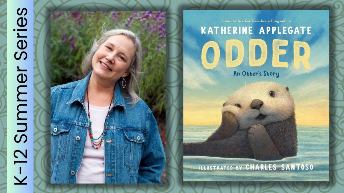 Author with grey hair and a denim jacket next to her book.