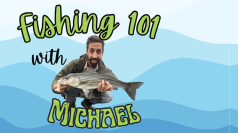 Man holding a fish on blue background.
