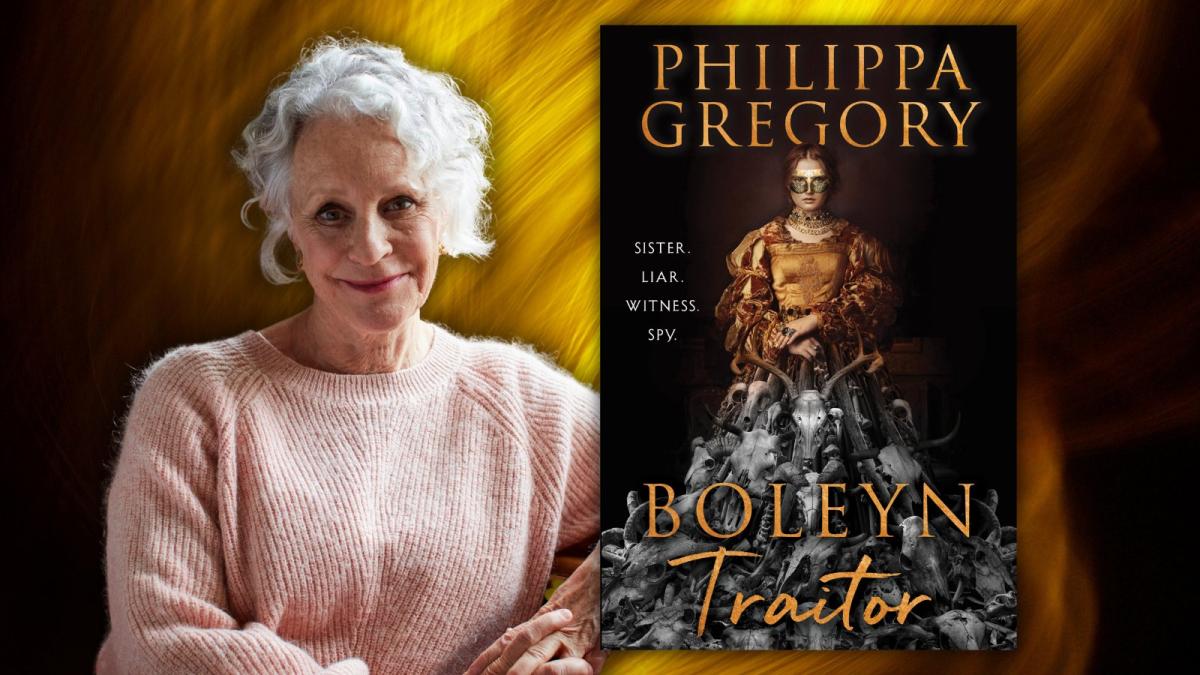 Author Philippa Gregory, with white hair and pink sweater, next to an image of her book.