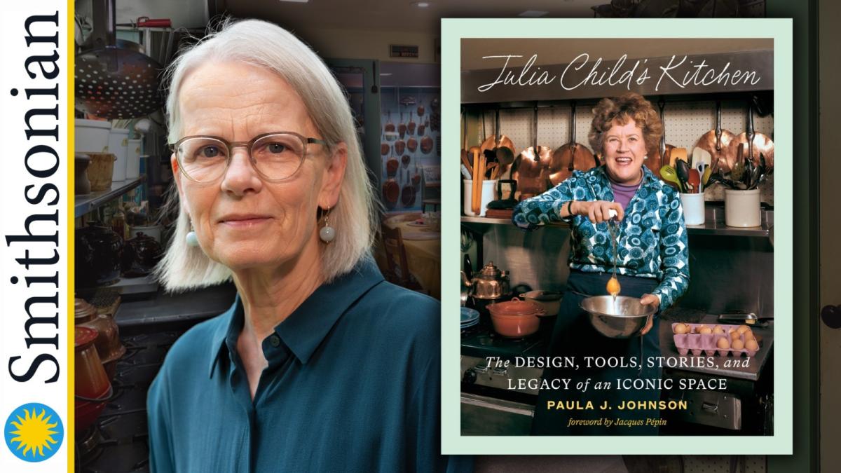 Author photo of woman with grey hair, glasses, and a blue shirt next to a book about Julia Child.